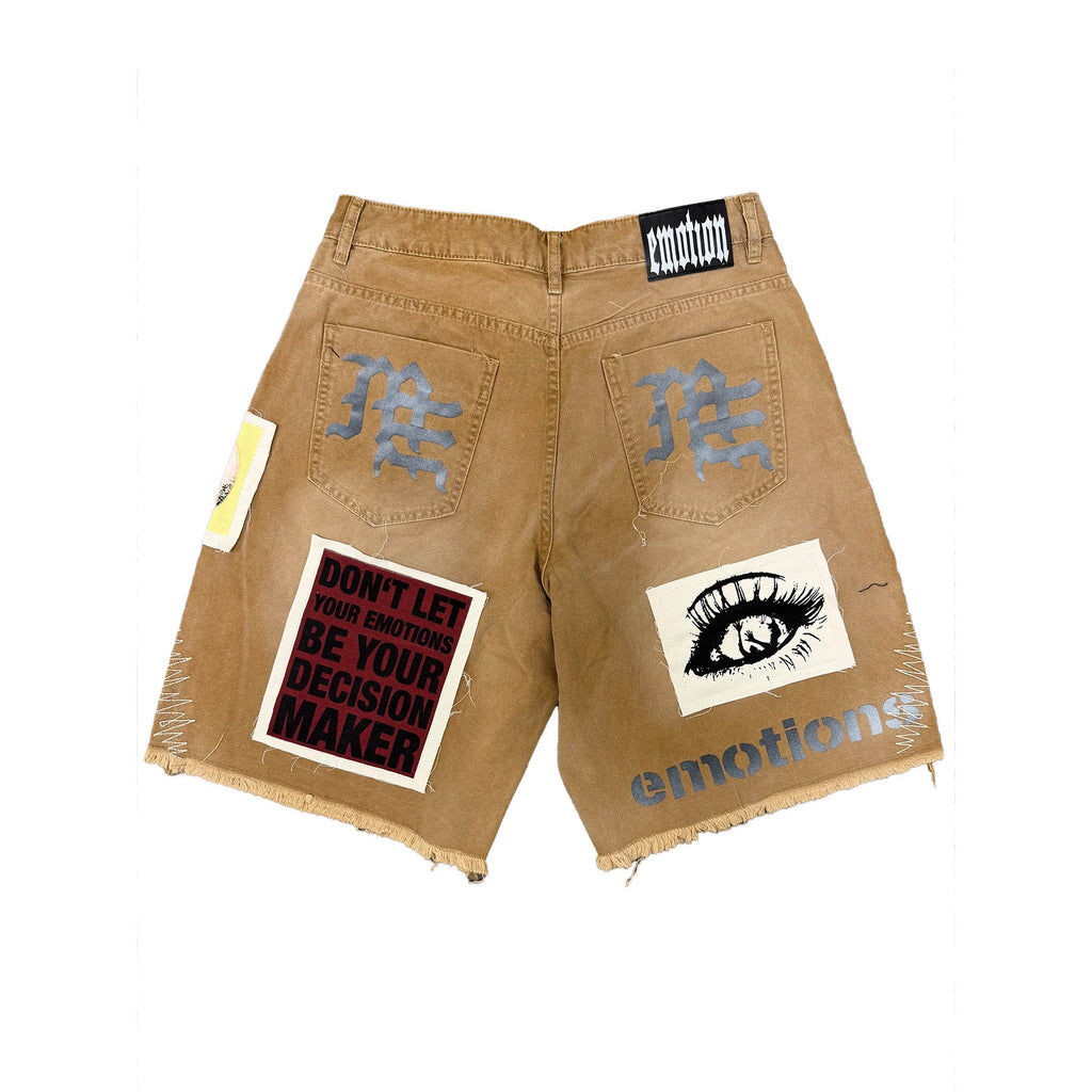 MIXED EMOTION Photo Patch Brown Distressed Denim Shorts