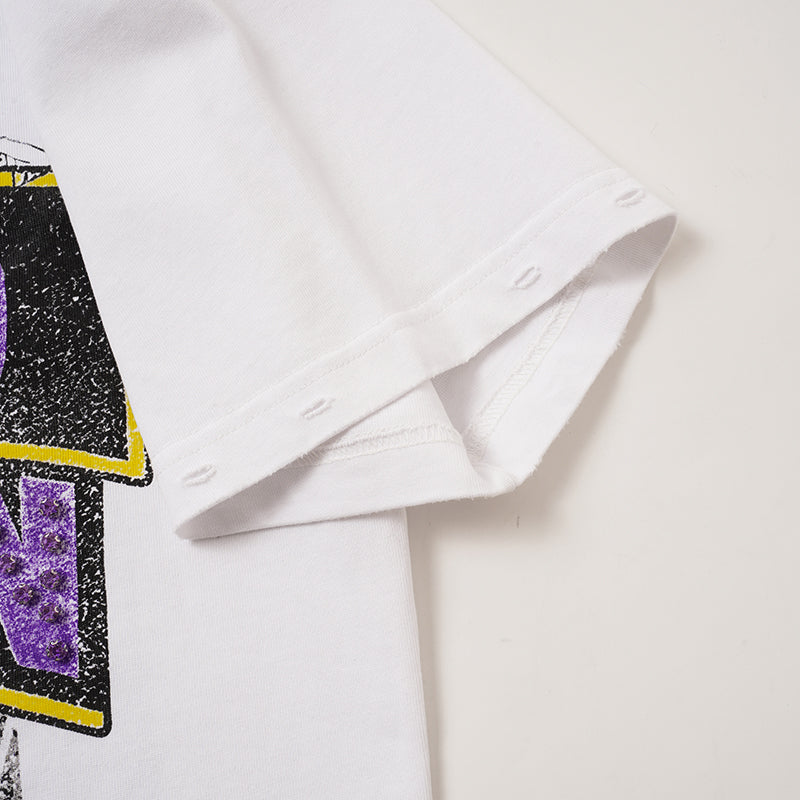 MIXED EMOTION Purple Rhinestone Cross White T‑Shirt