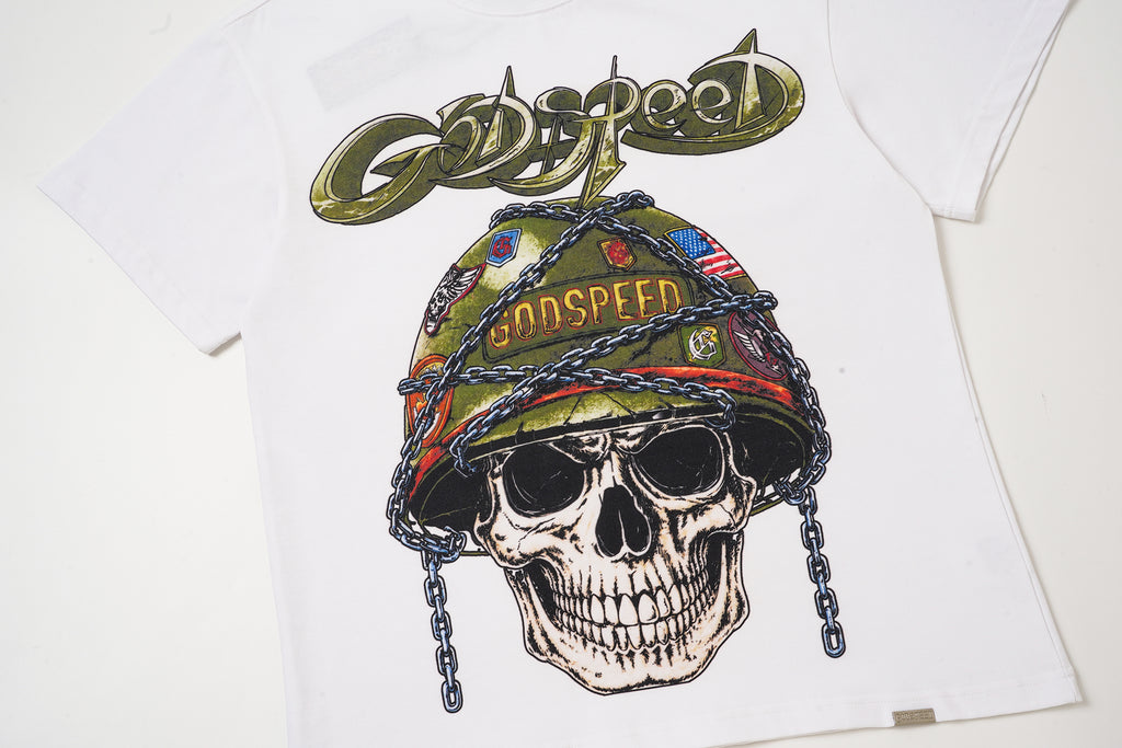Godspeed Skull Helmet Graphic White T‑Shirt