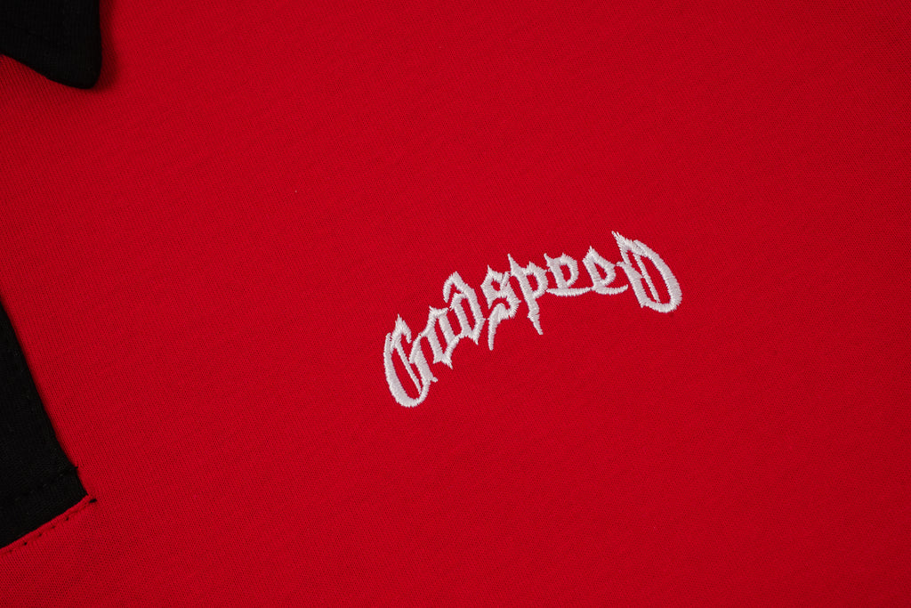 Godspeed Skull‑Laurel Red Contrast‑Collar Polo Shirt