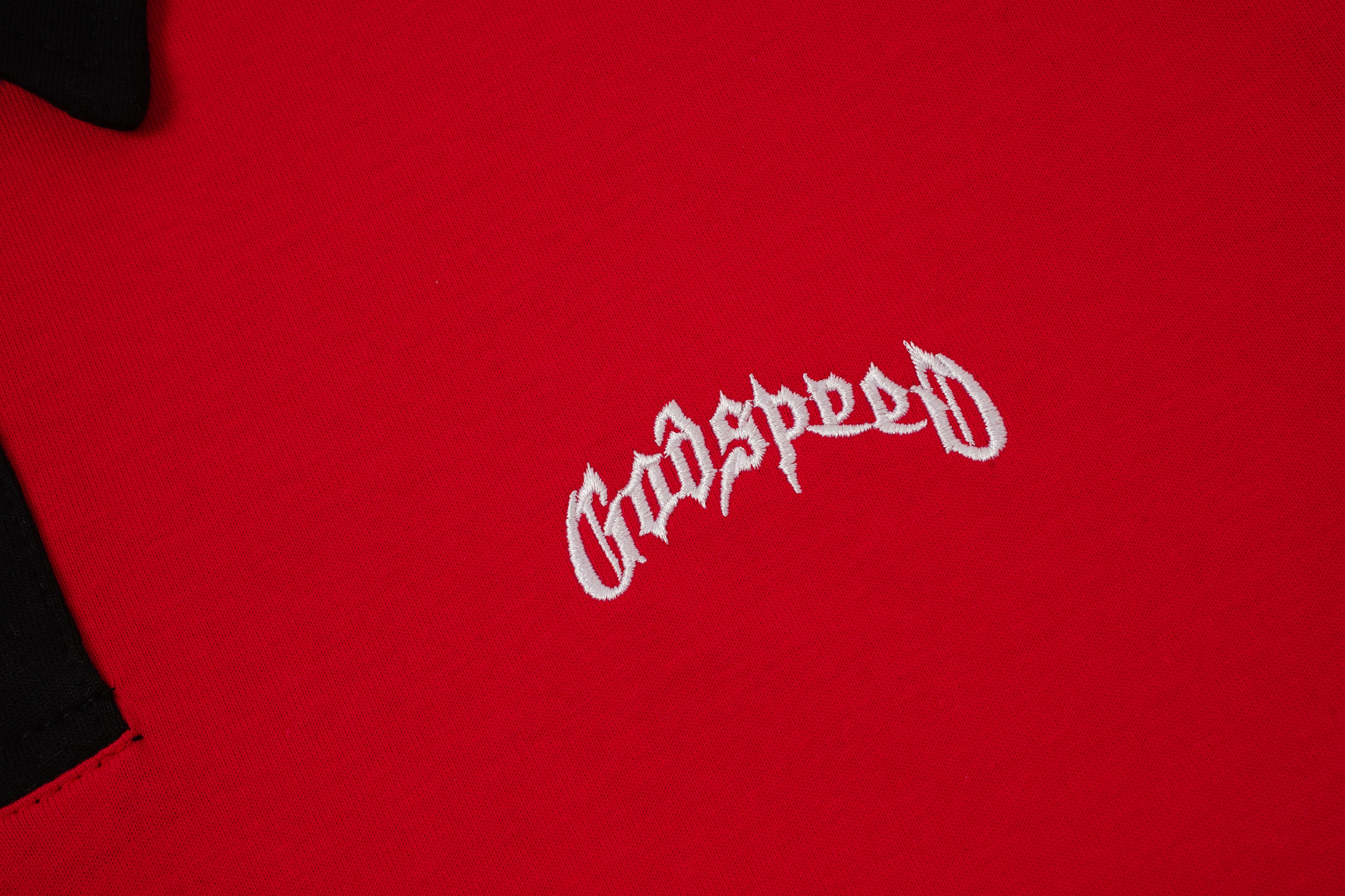 Godspeed Skull‑Laurel Red Contrast‑Collar Polo Shirt