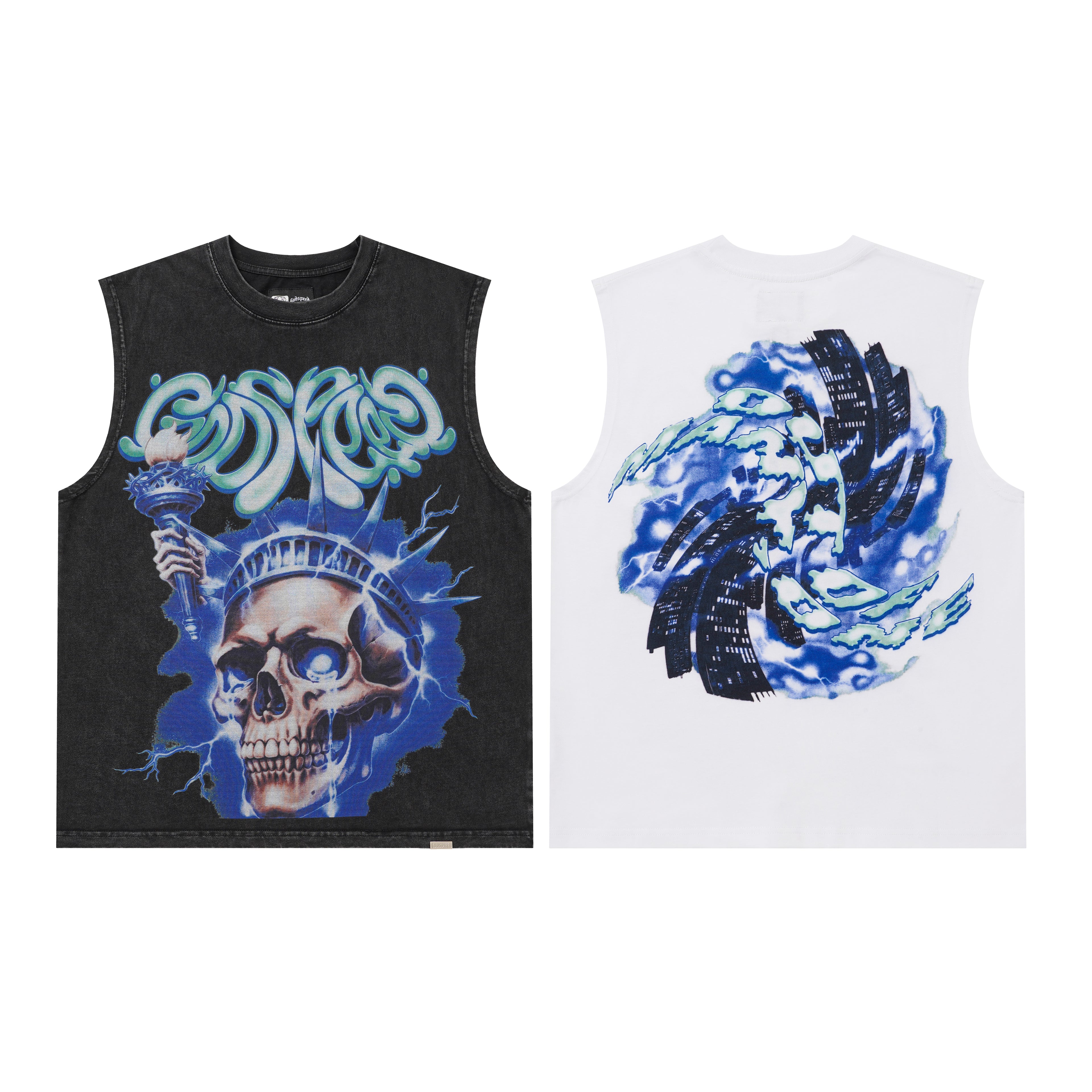 Godspeed Blue‑Flame Skull Print 2‑Color Tank Top
