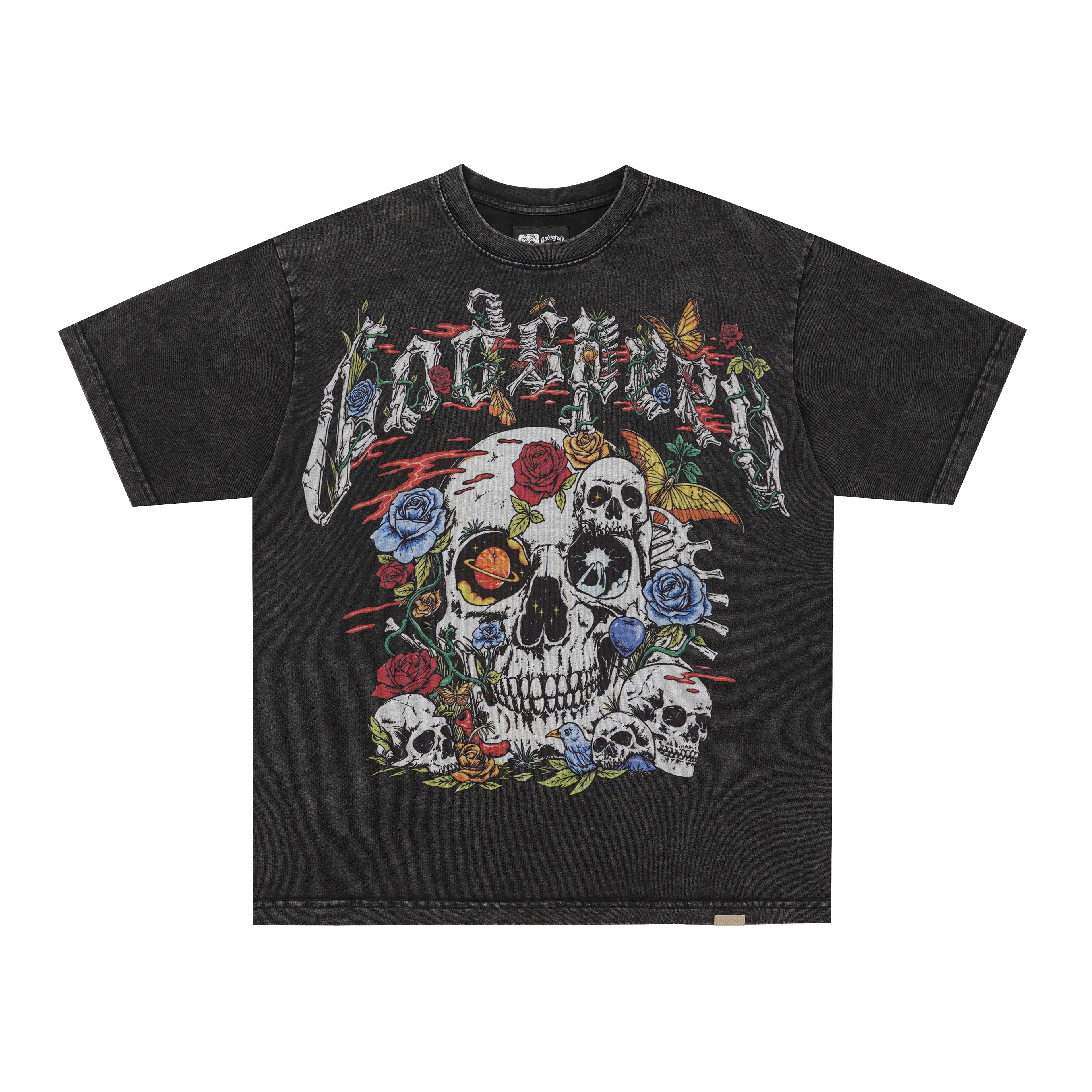 Godspeed Floral Skull Vintage Black T‑Shirt
