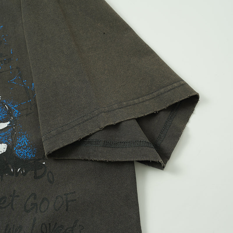 MIXED EMOTION Rhinestone Skull Graphic Black‑Grey T‑Shirt