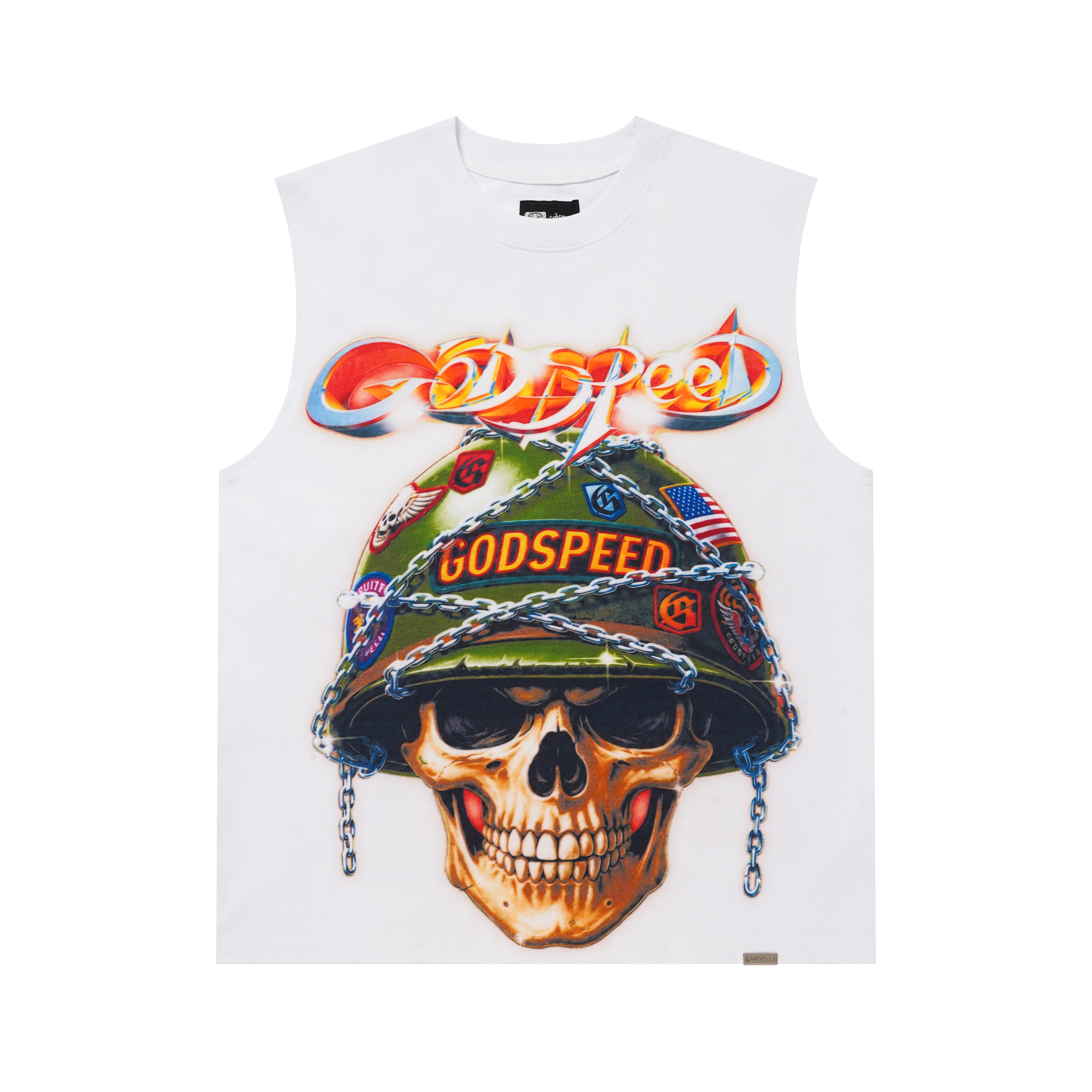 Godspeed Helmet‑Skull Print White Tank Top