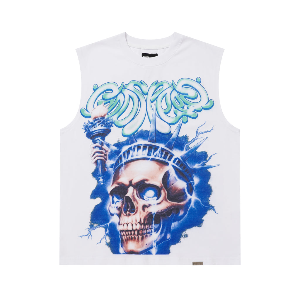 Godspeed Blue‑Flame Skull Print 2‑Color Tank Top