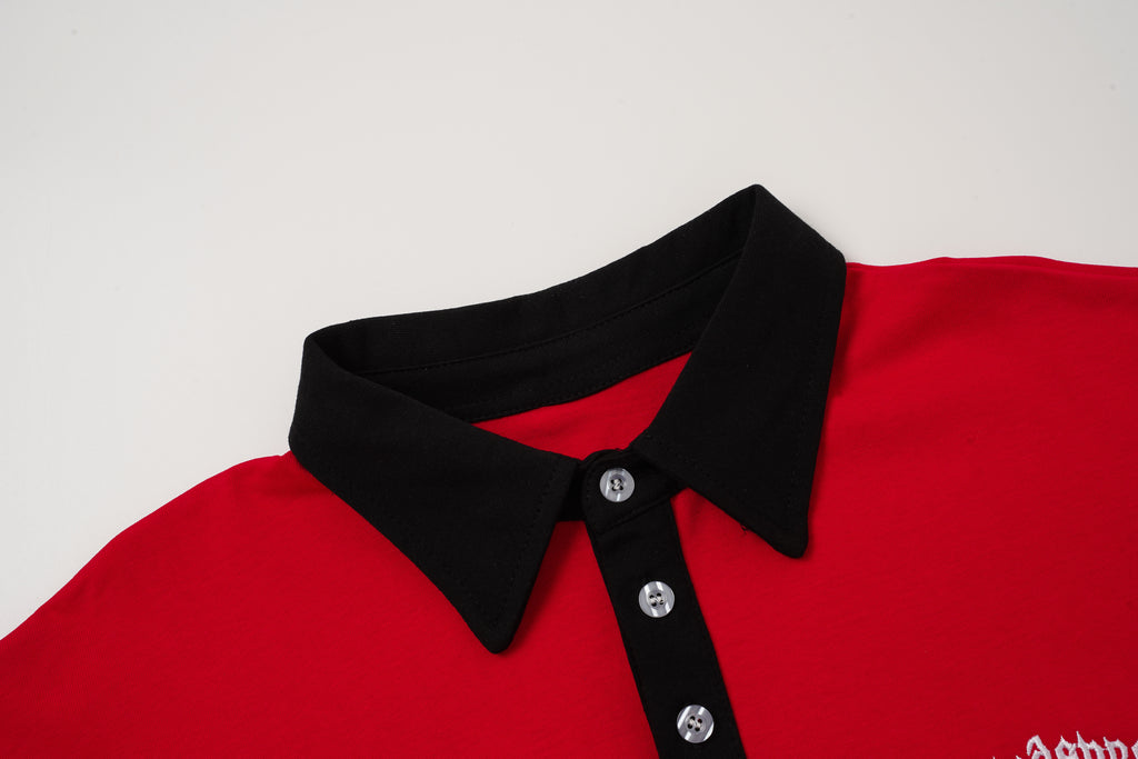 Godspeed Skull‑Laurel Red Contrast‑Collar Polo Shirt