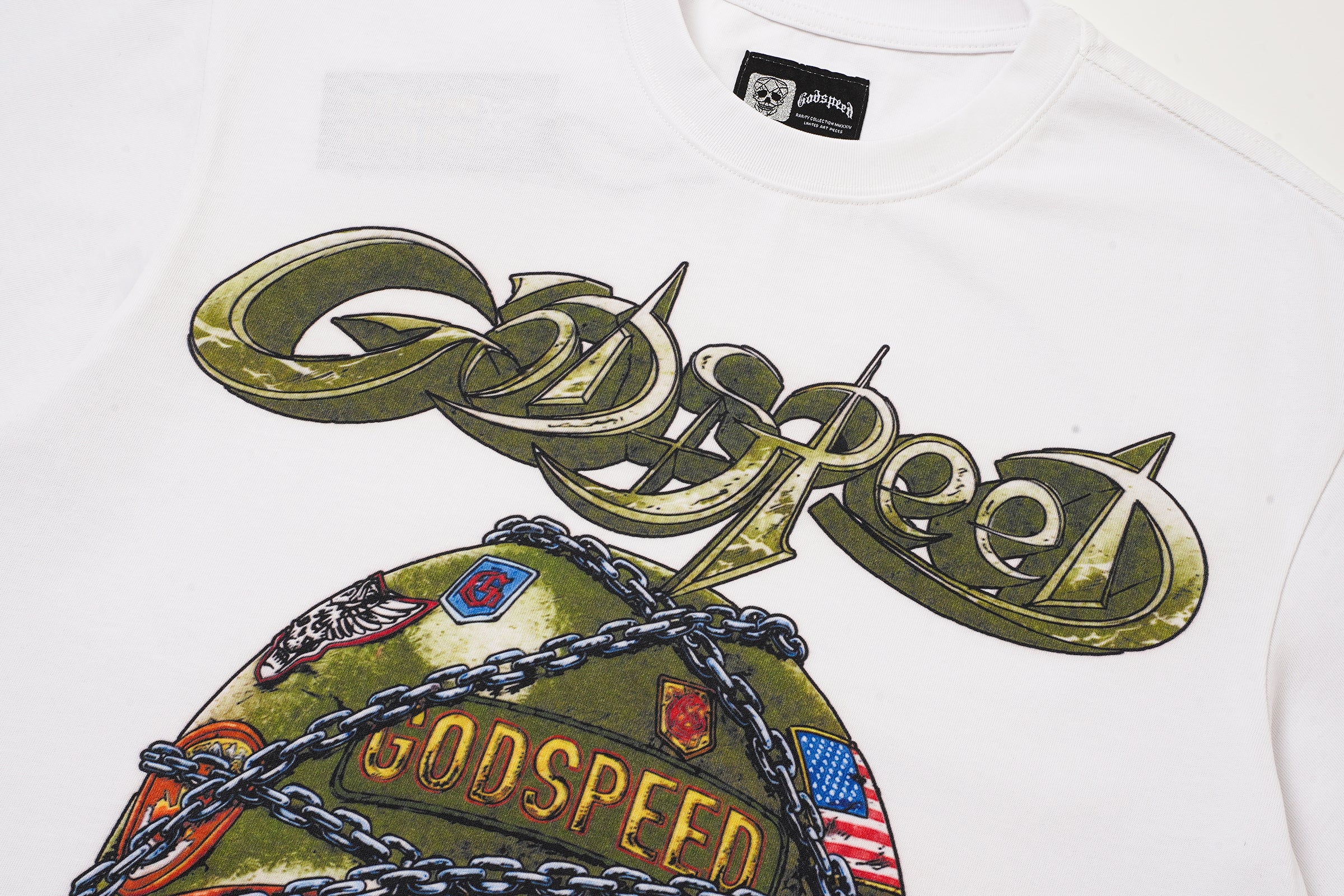 Godspeed Skull Helmet Graphic White T‑Shirt
