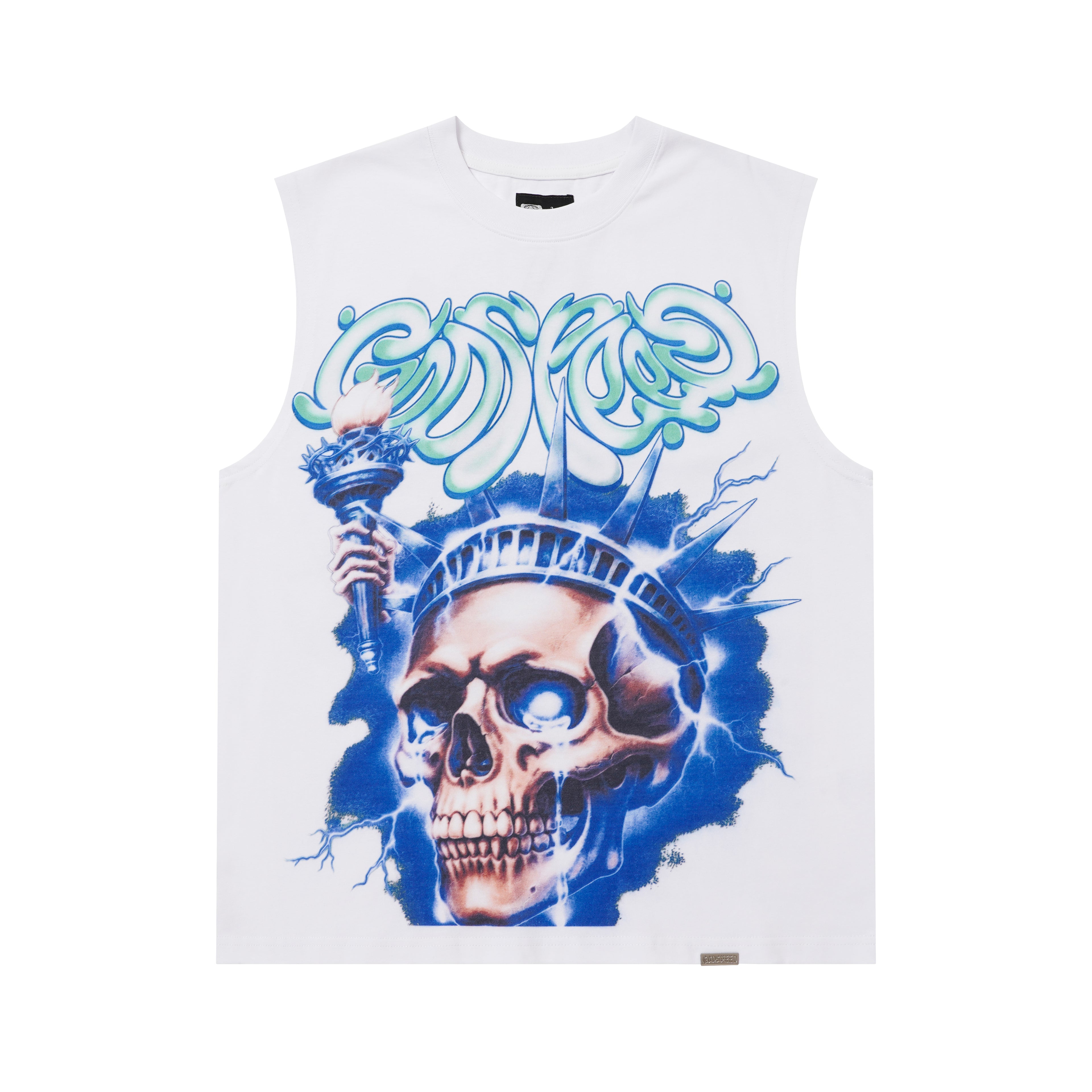 Godspeed Skull‑Statue Graphic White Tank Top