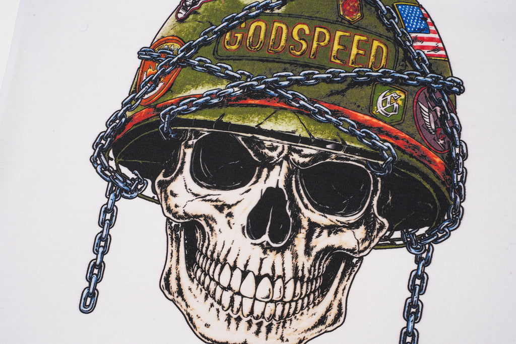 Godspeed Skull Helmet Graphic White T‑Shirt