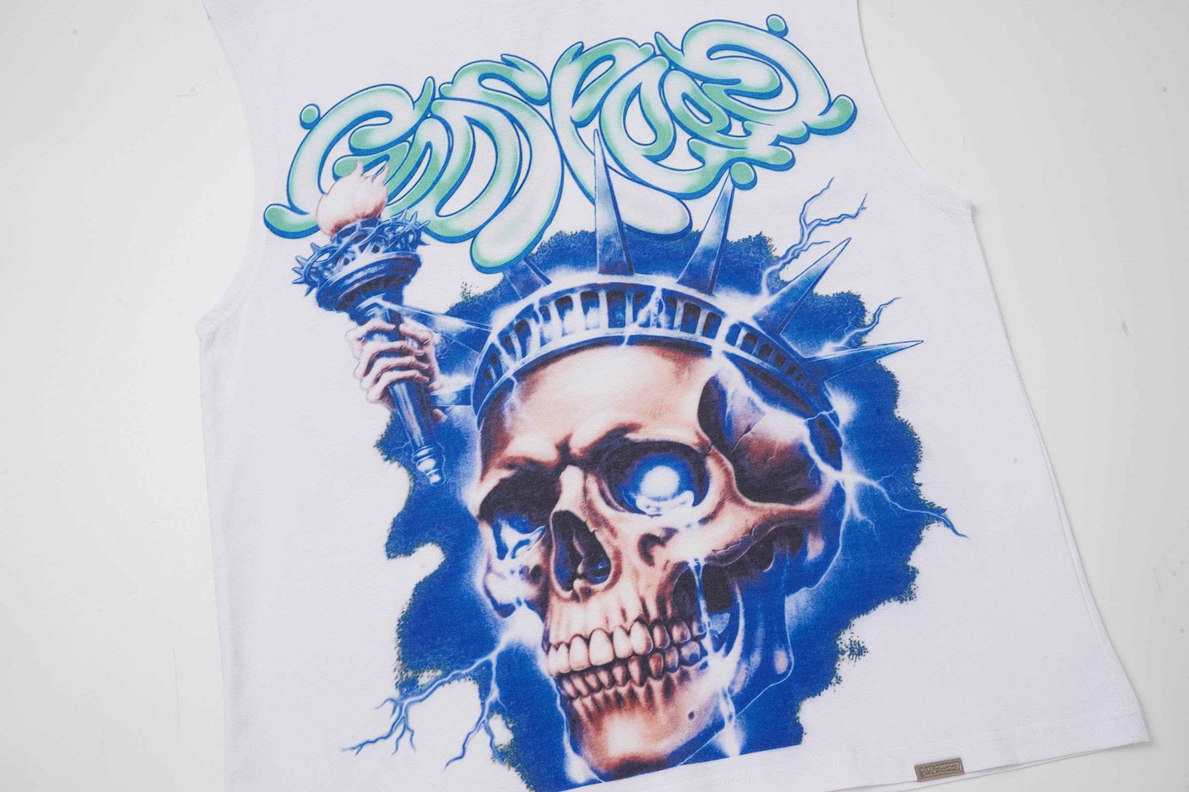 Godspeed Skull‑Statue Graphic White Tank Top