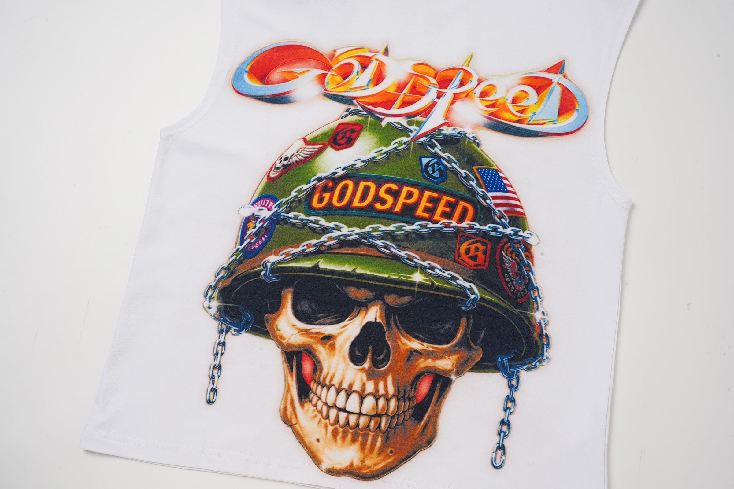 Godspeed Helmet‑Skull Print White Tank Top