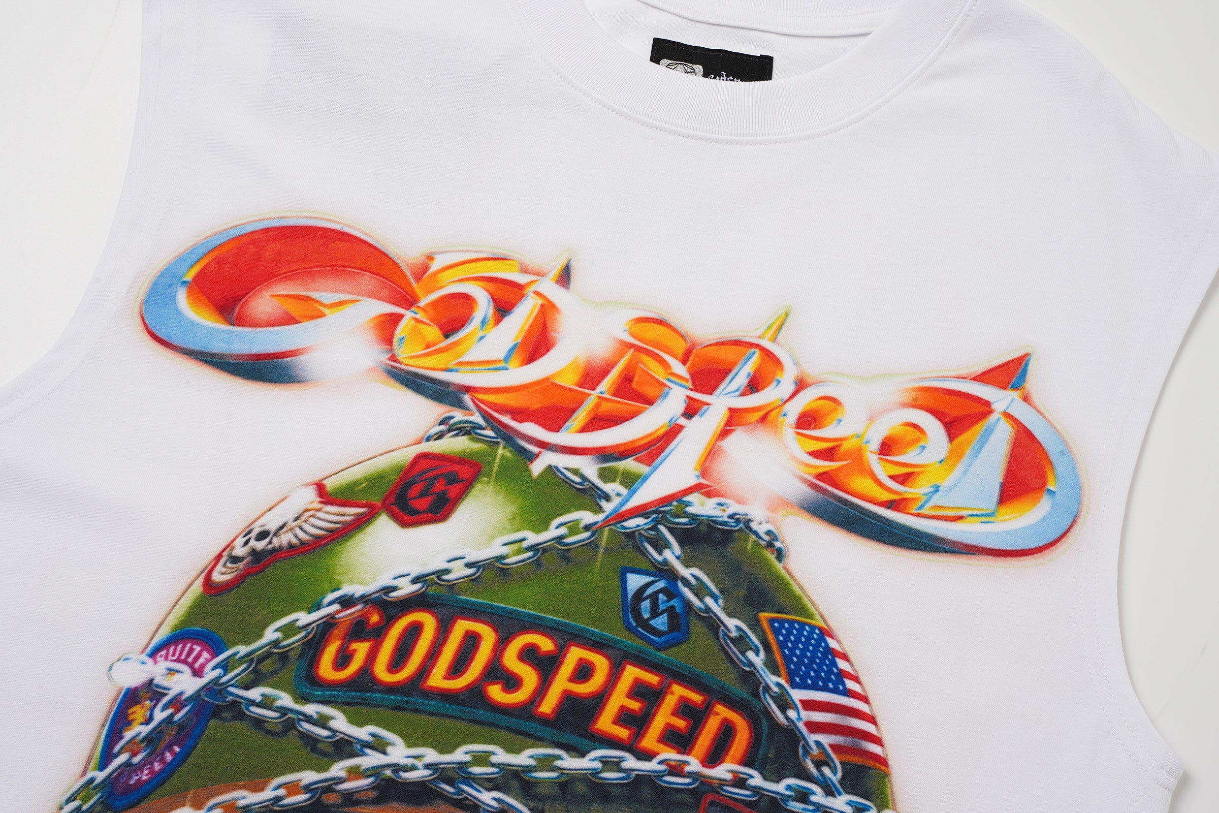 Godspeed Helmet‑Skull Print White Tank Top