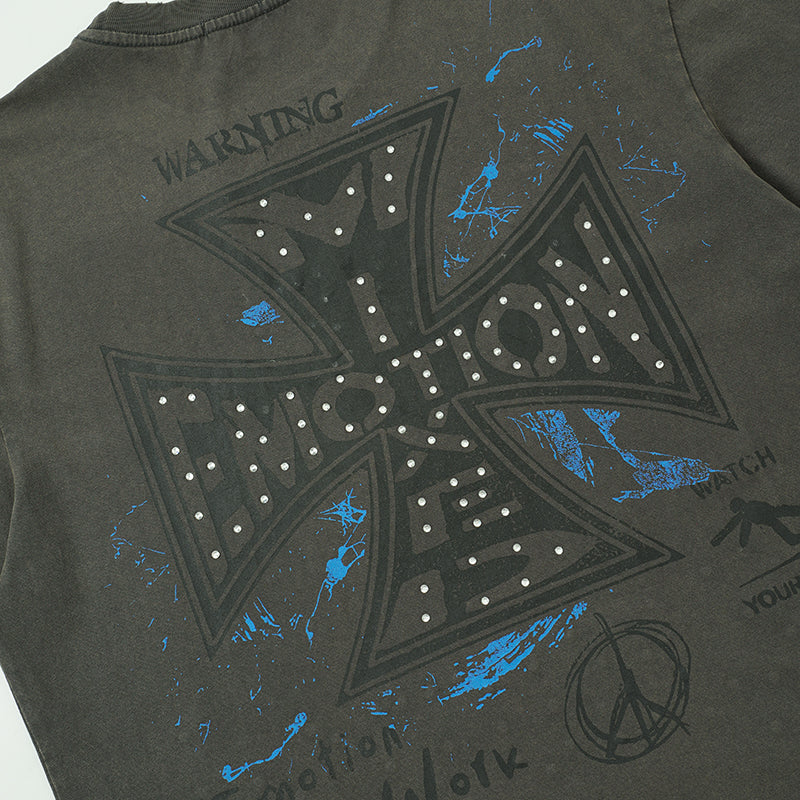 MIXED EMOTION Rhinestone Skull Graphic Black‑Grey T‑Shirt