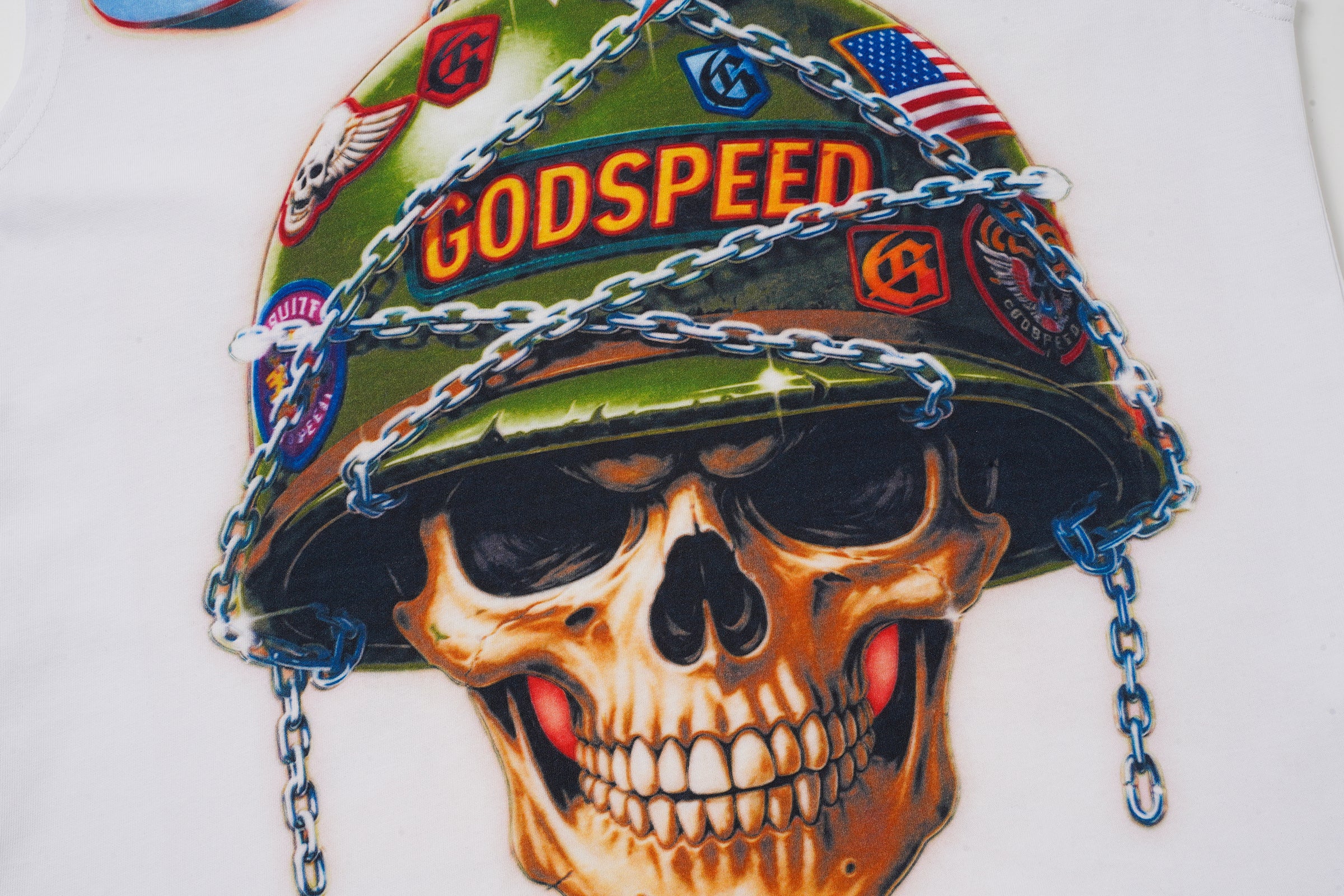 Godspeed Helmet‑Skull Print White Tank Top