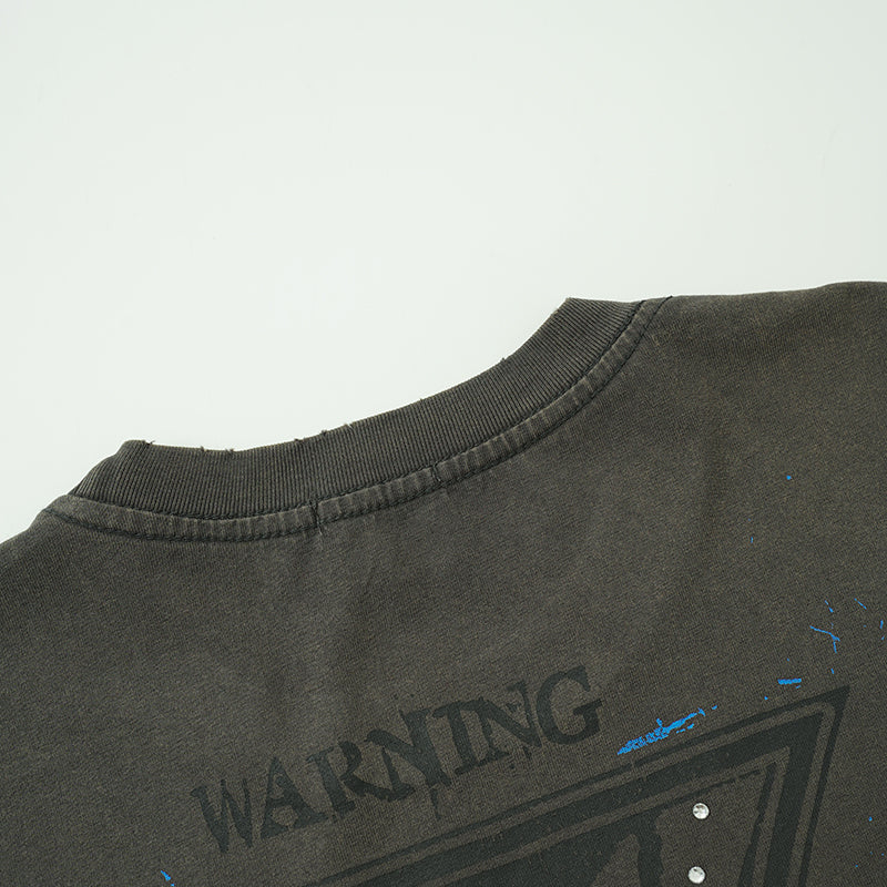 MIXED EMOTION Rhinestone Skull Graphic Black‑Grey T‑Shirt