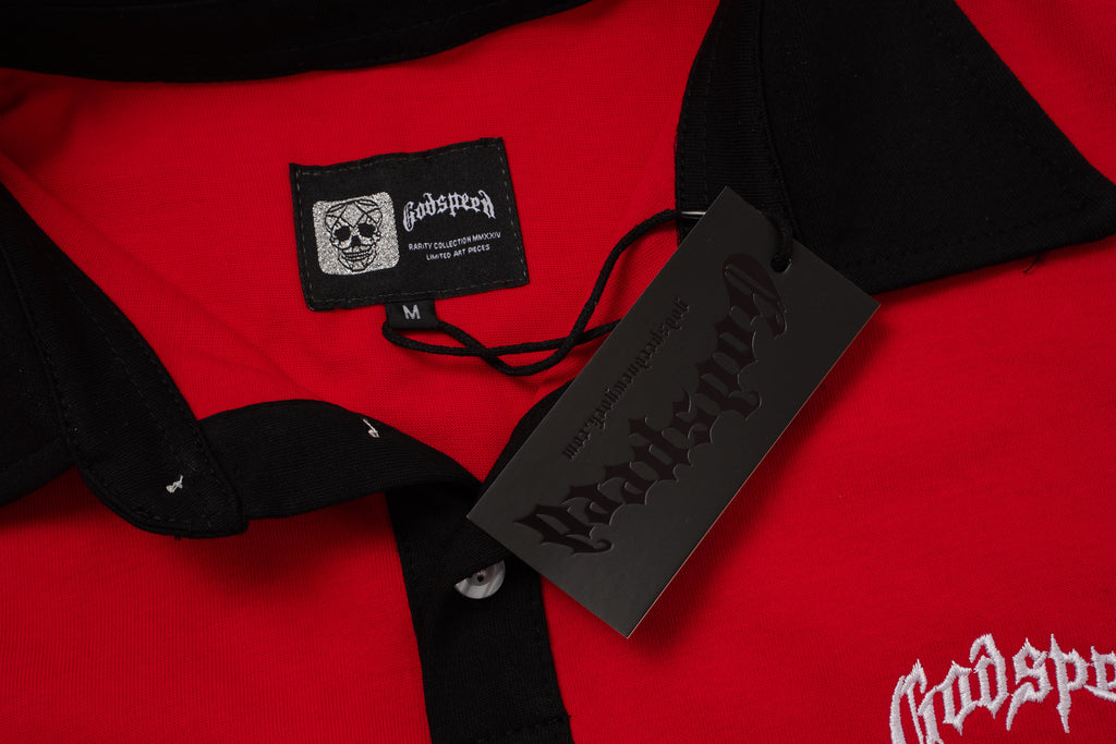 Godspeed Skull‑Laurel Red Contrast‑Collar Polo Shirt