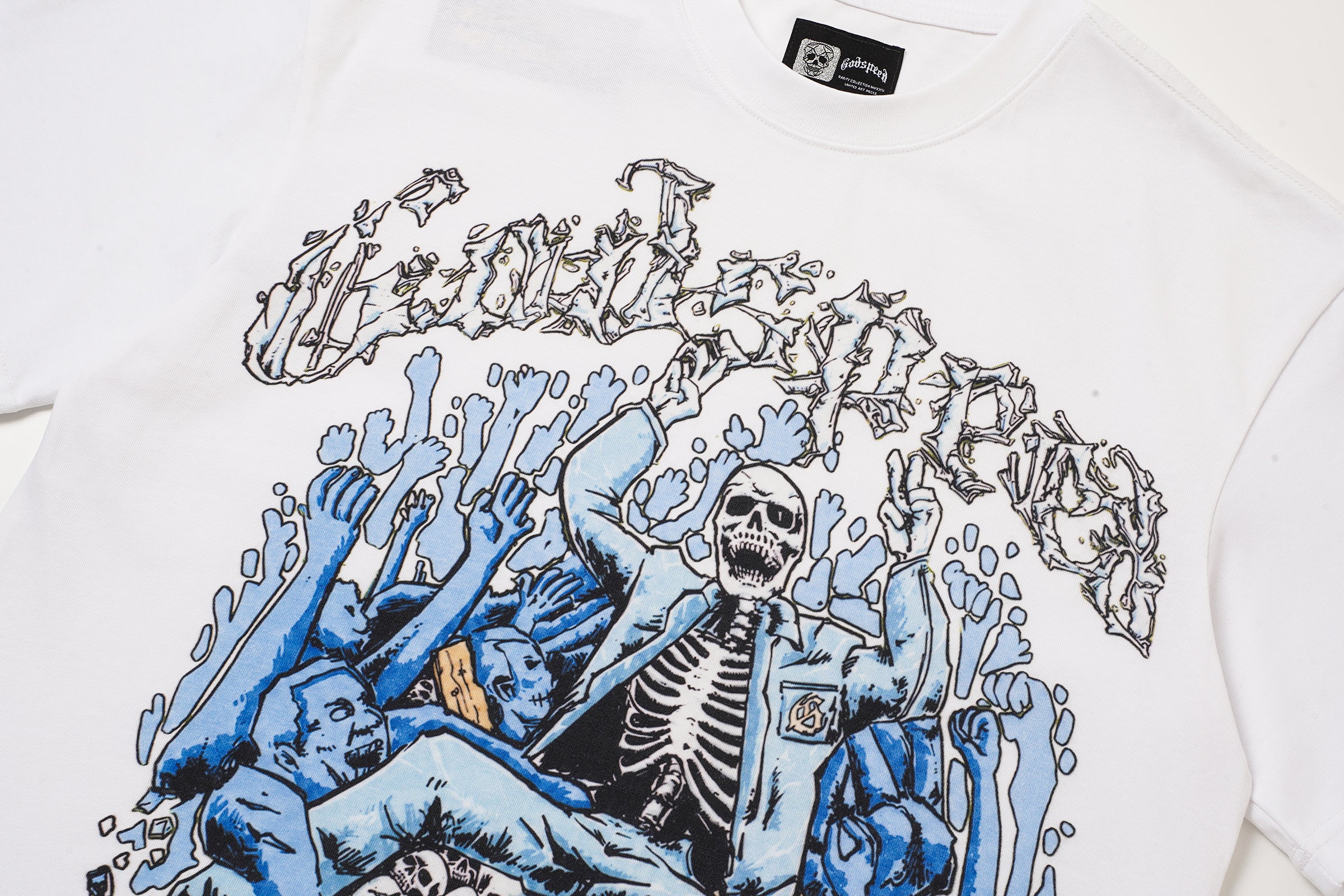 Godspeed Blue Skull Graphic White T‑Shirt