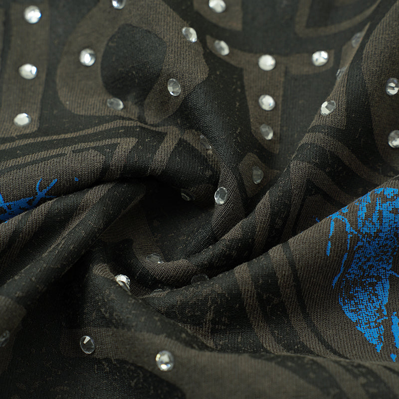 MIXED EMOTION Rhinestone Skull Graphic Black‑Grey T‑Shirt