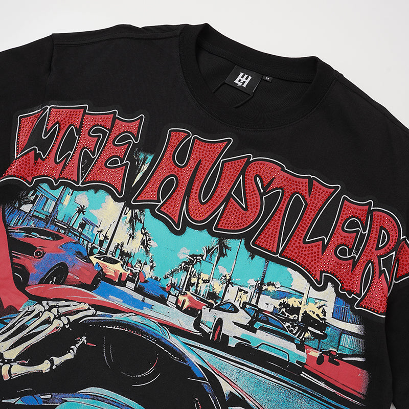 Life Hustlers Skeleton Car Graphic Two‑Tone T‑Shirt