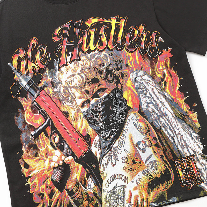 Life Hustlers Fire Angel Graphic Black Tee