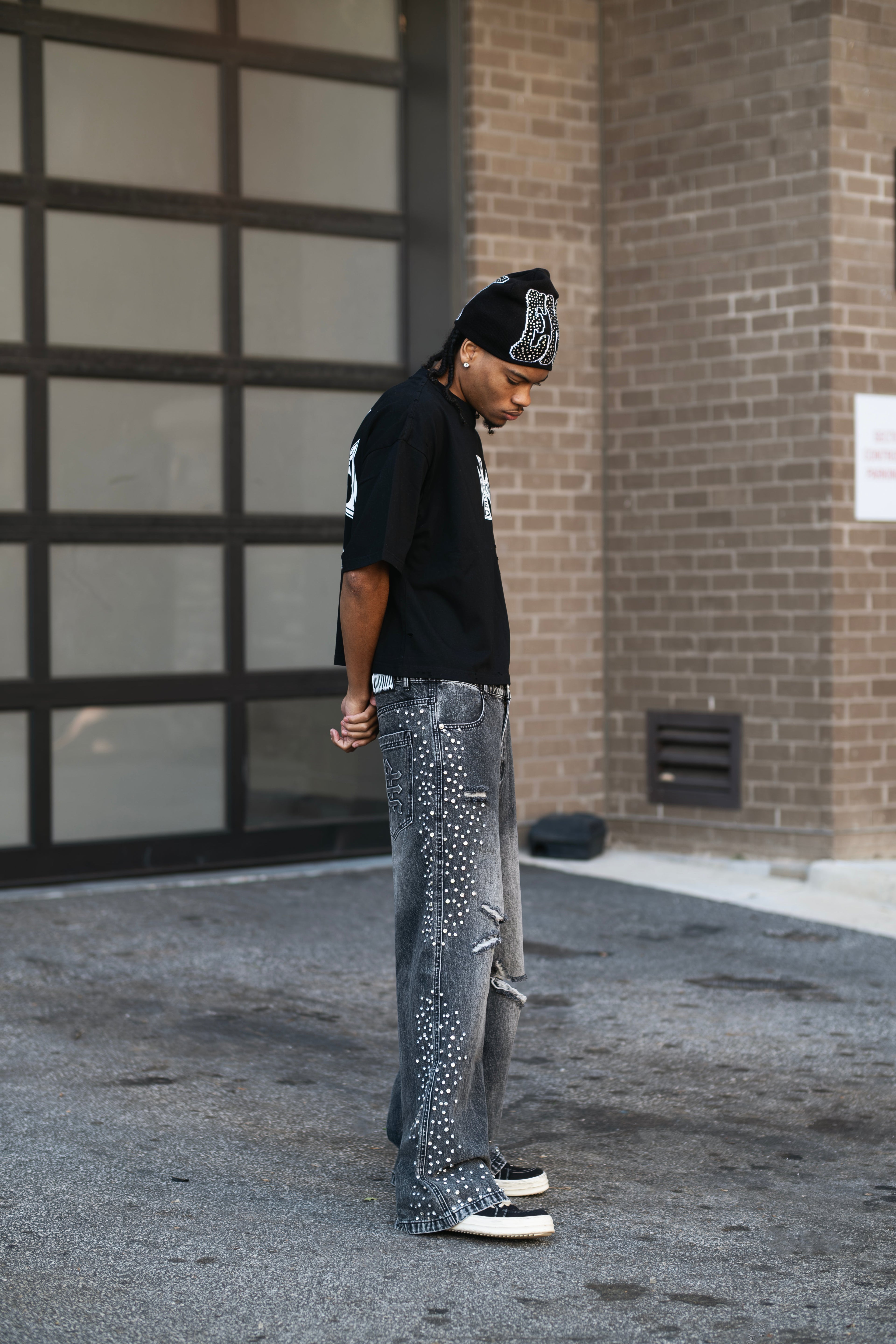 MIXED EMOTION Distressed Rhinestone Wide‑Leg Jeans