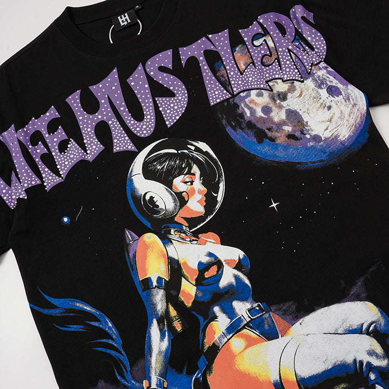 Life Hustlers Space‑Astronaut Graphic Black T‑Shirt