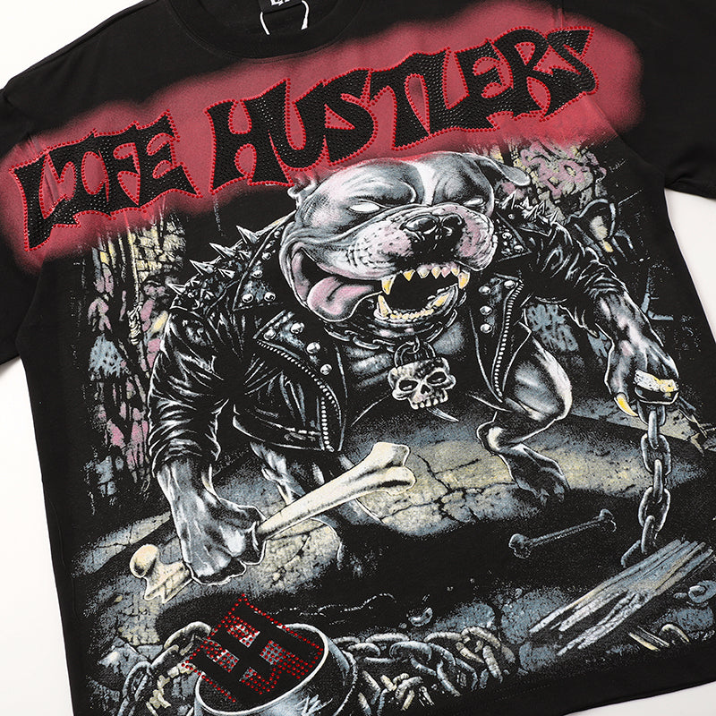 Life Hustlers Vintage Skull Graphic Black T‑Shirt