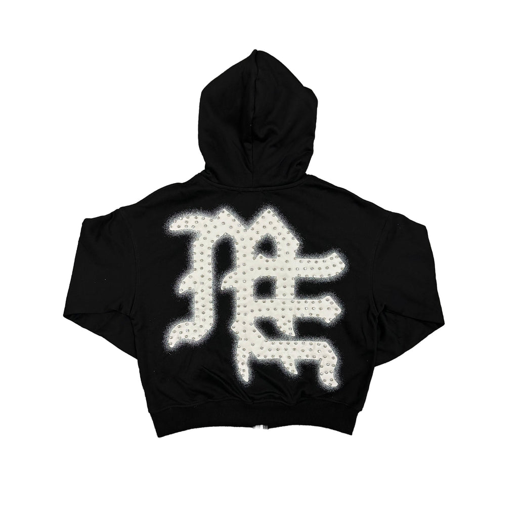 Emotions Never Die Rhinestone Letter Zip‑Up Hoodie