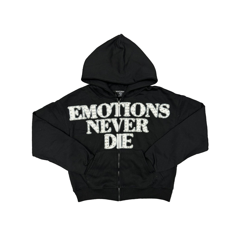 Emotions Never Die Rhinestone Letter Zip‑Up Hoodie