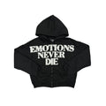 Emotions Never Die Rhinestone Letter Zip‑Up Hoodie