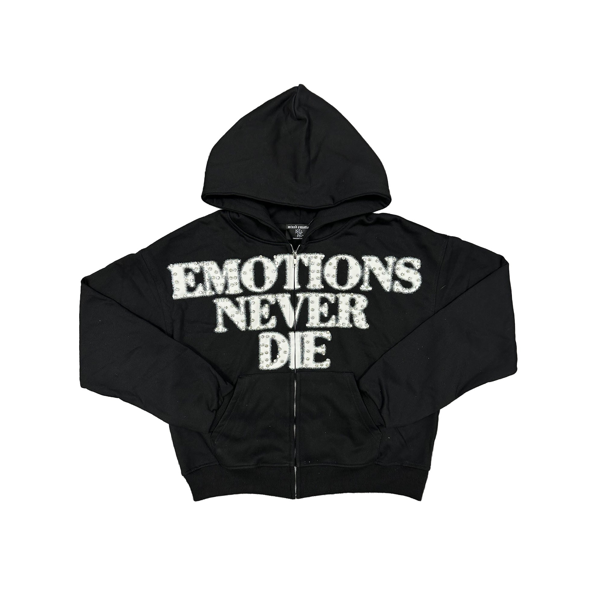 Emotions Never Die Rhinestone Letter Zip‑Up Hoodie