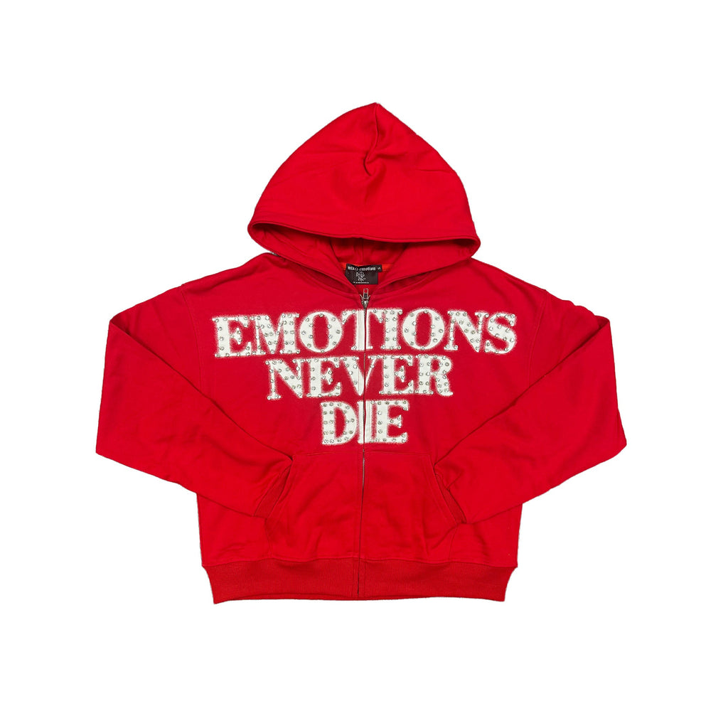 Emotions Never Die Rhinestone Letter Zip‑Up Hoodie