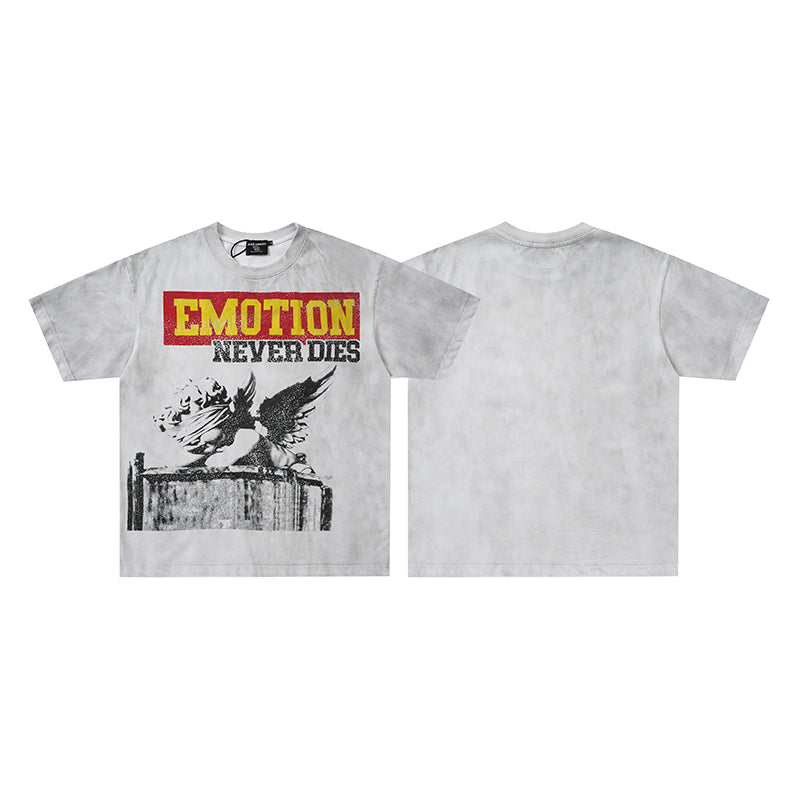 MIXED EMOTION Eagle Print Washed‑Grey T‑Shirt