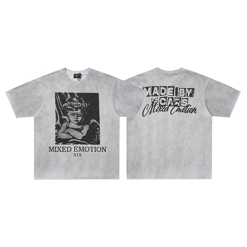 MIXED EMOTION Angel Portrait Washed Grey T‑Shirt