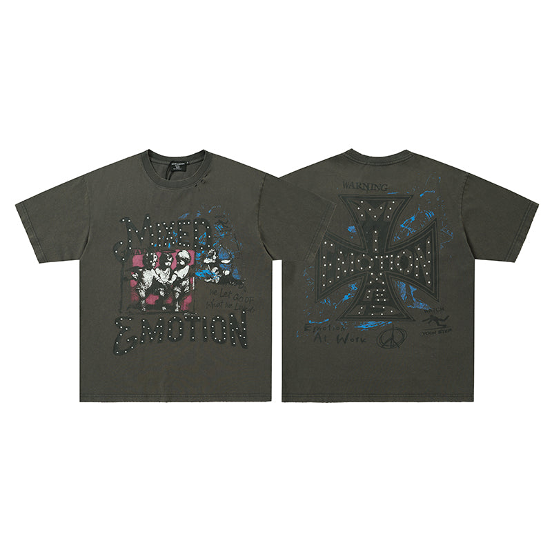 MIXED EMOTION Rhinestone Skull Graphic Black‑Grey T‑Shirt