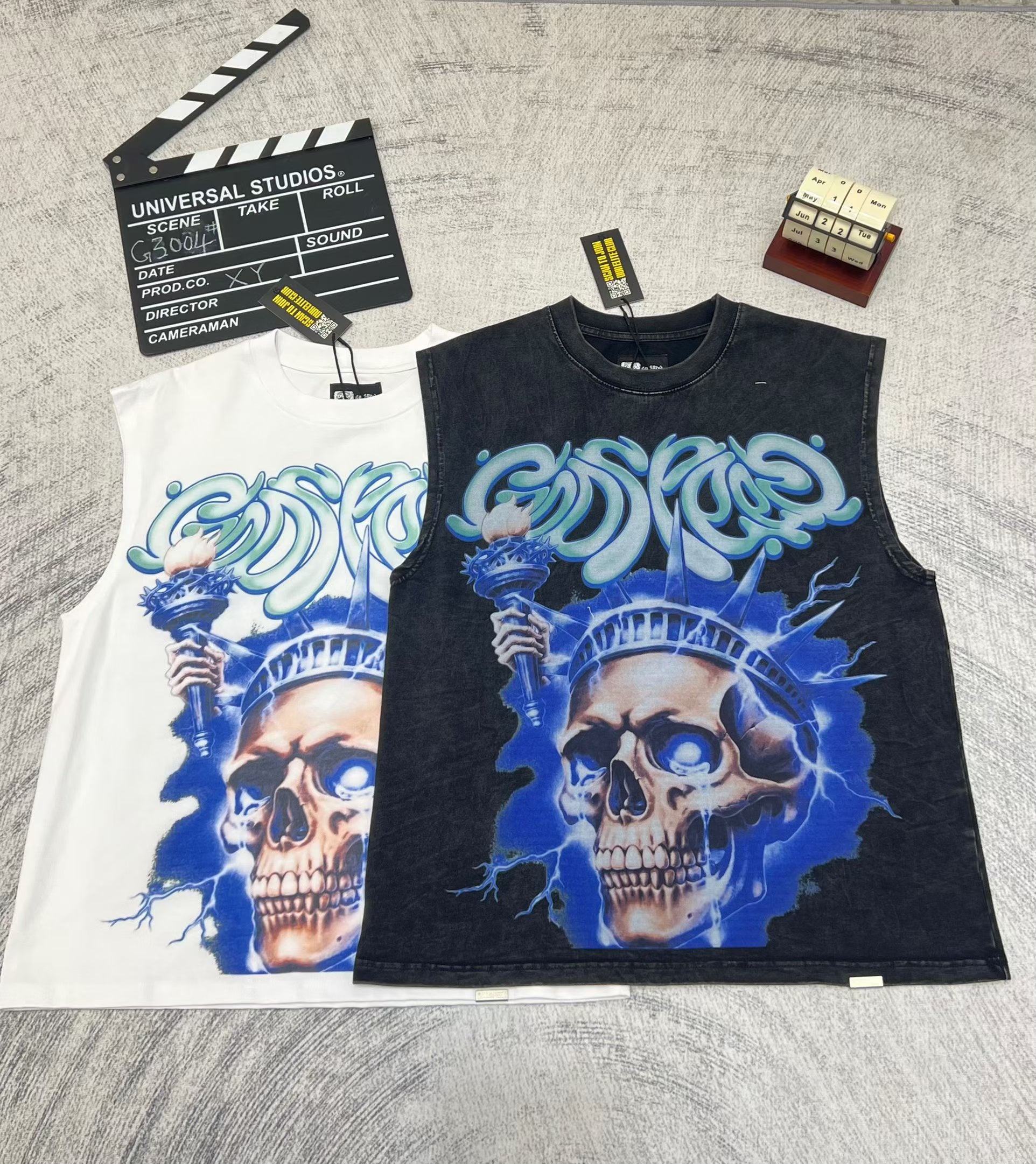 Godspeed Blue‑Flame Skull Print 2‑Color Tank Top