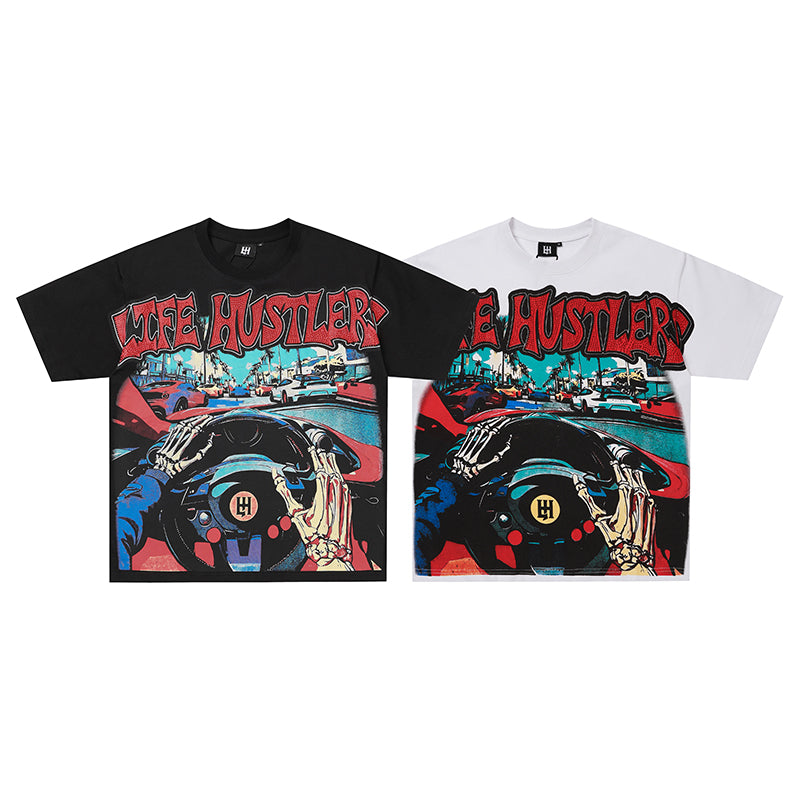 Life Hustlers Skeleton Car Graphic Two‑Tone T‑Shirt