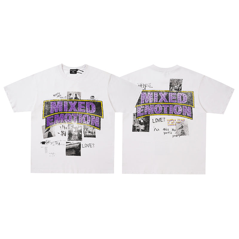 MIXED EMOTION Purple Rhinestone Cross White T‑Shirt
