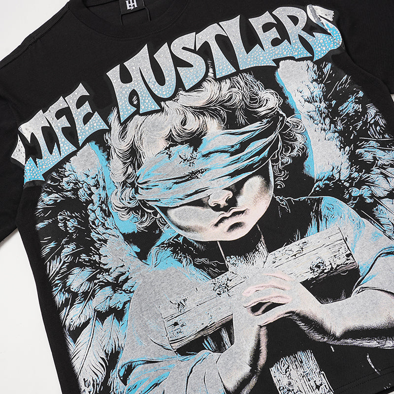 Life Hustlers Blind‑Folded Angel Graphic Black T‑Shirt