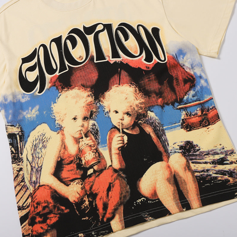 MIXED EMOTION Retro Figure Graphic Multi‑Color T‑Shirt
