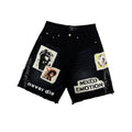 MIXED EMOTION Photo Patch Distressed Black Denim Shorts