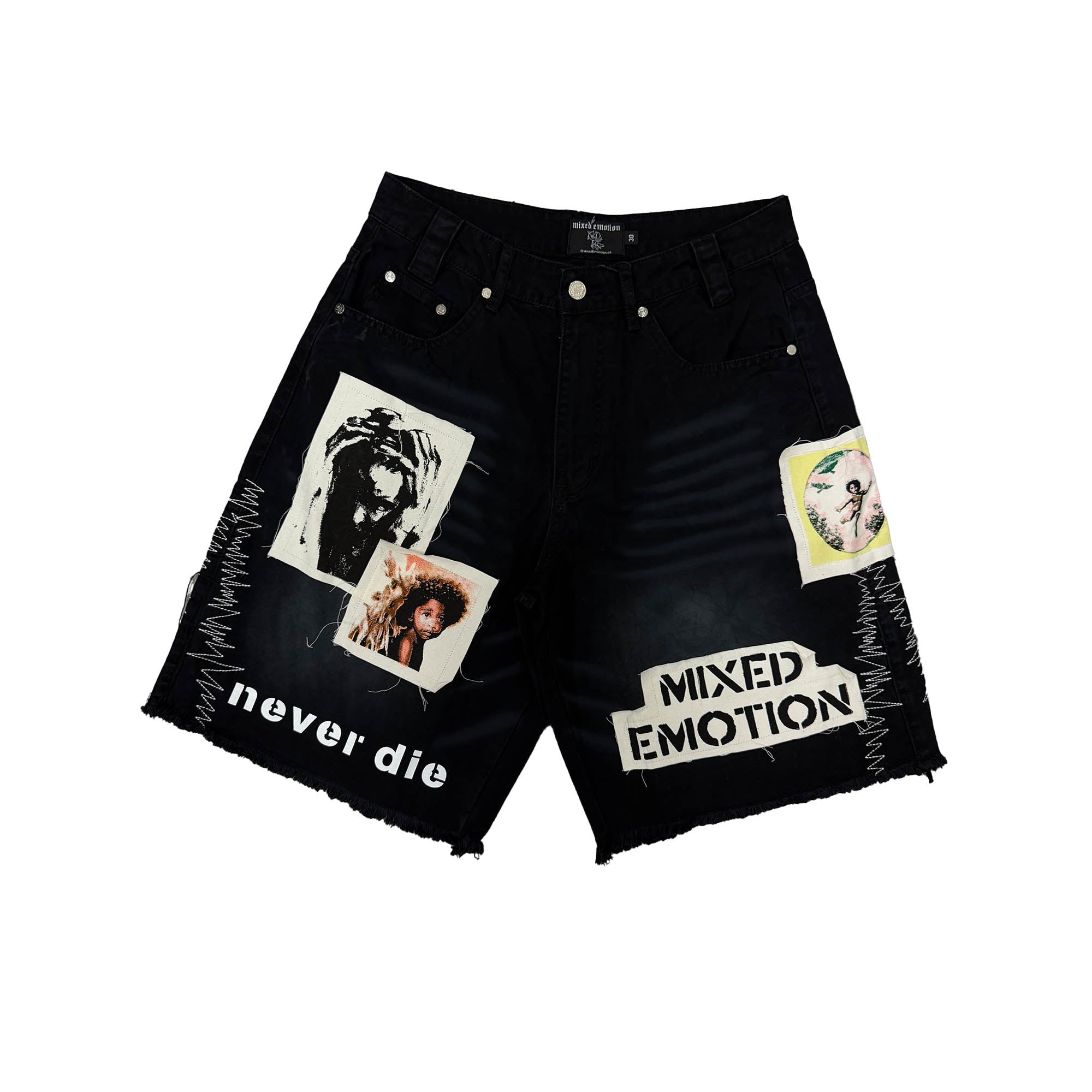 MIXED EMOTION Photo Patch Distressed Black Denim Shorts