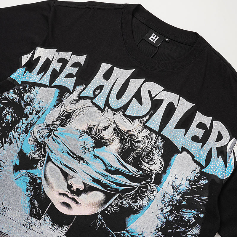 Life Hustlers Blind‑Folded Angel Graphic Black T‑Shirt