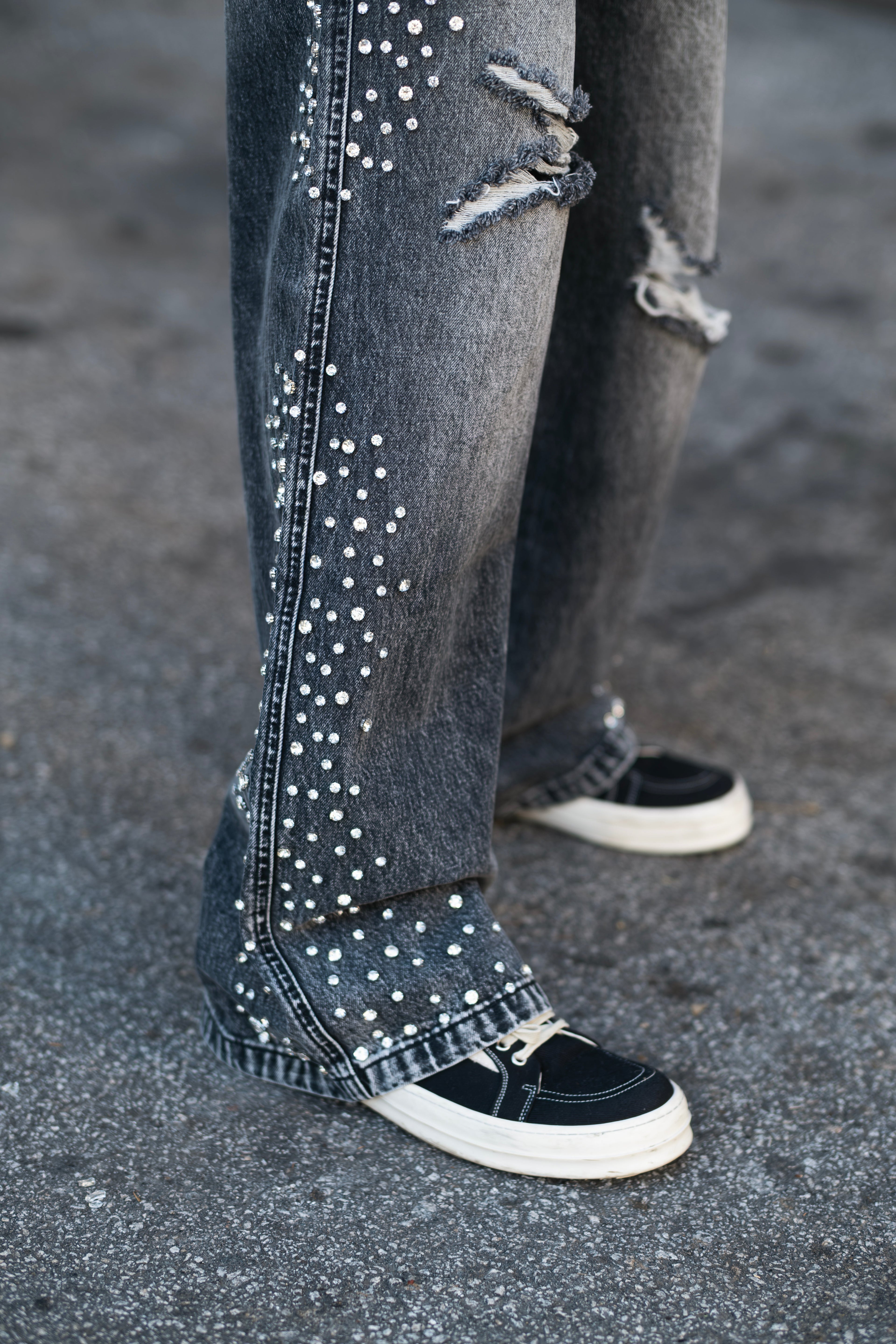 MIXED EMOTION Distressed Rhinestone Wide‑Leg Jeans