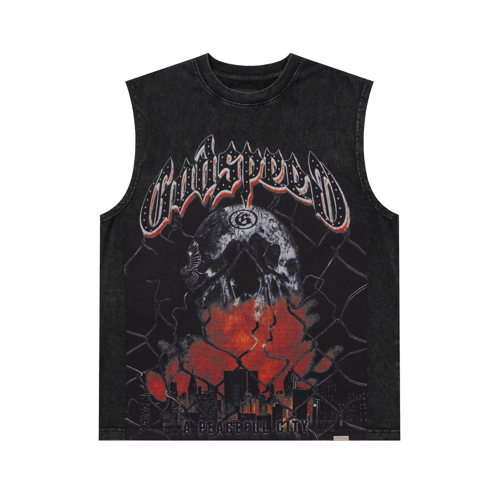 Godspeed Skull Graphic Black Washed Tank Top