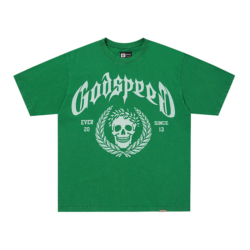 Godspeed Skull Print Green T‑Shirt