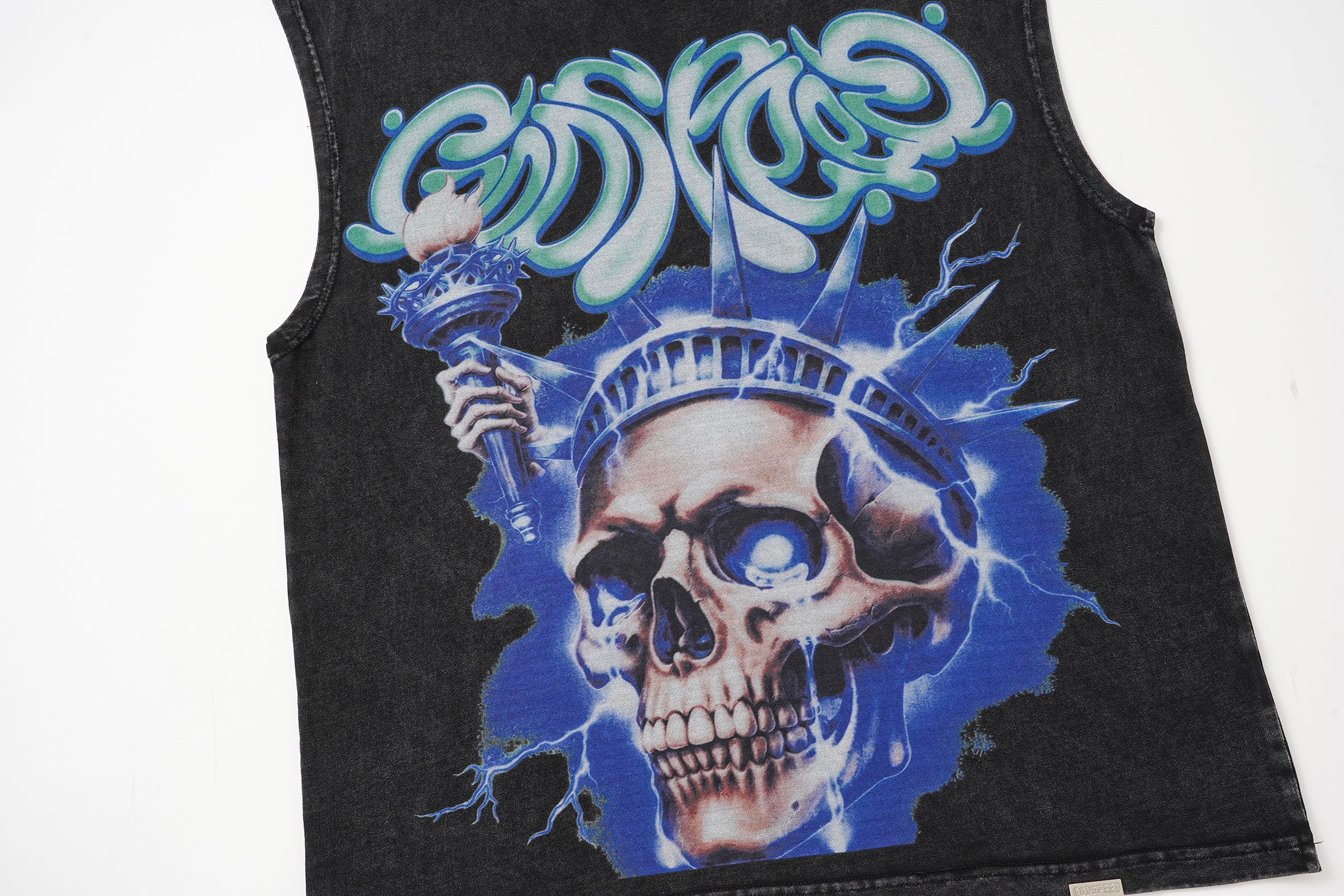 Godspeed Skull‑Liberty Torch Black Washed Tank Top