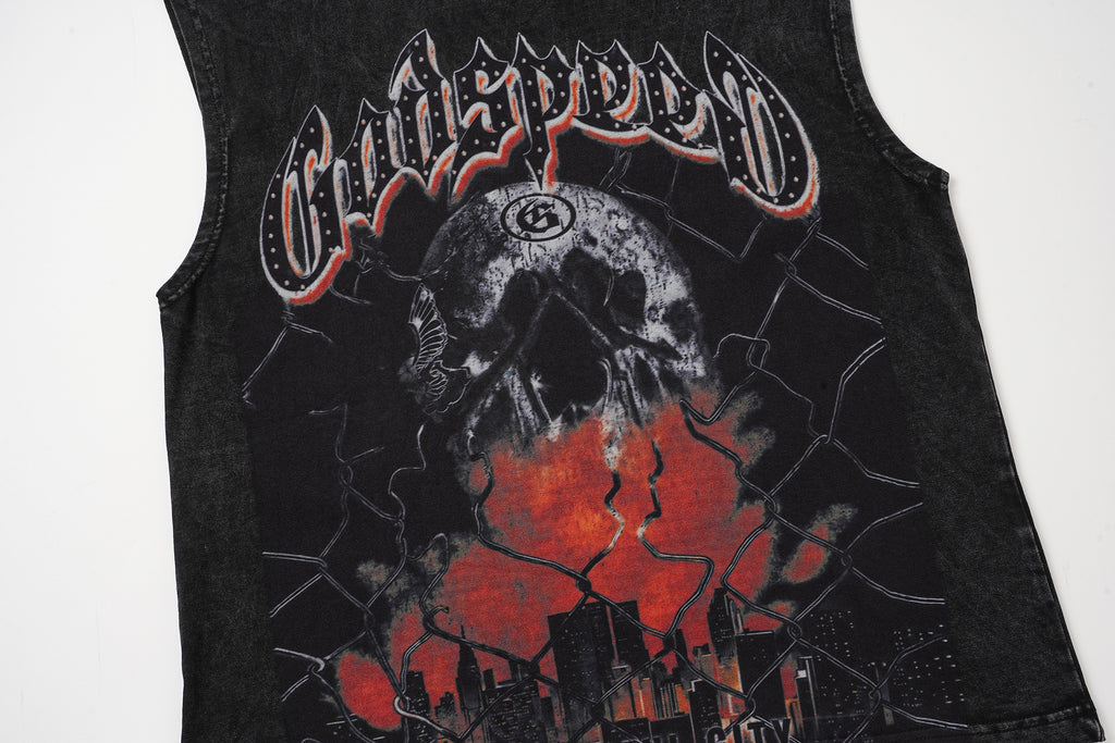 Godspeed Skull Graphic Black Washed Tank Top