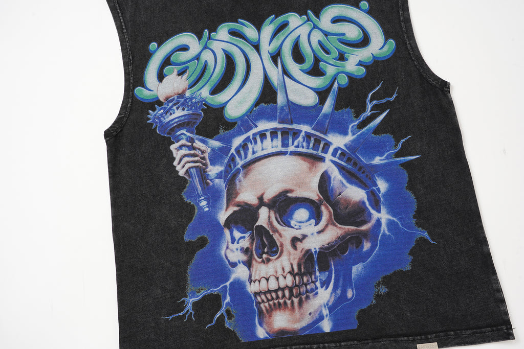 Godspeed Blue‑Flame Skull Print 2‑Color Tank Top